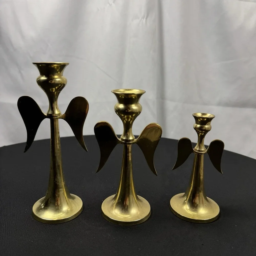 Vintage Solid Brass Candle Stick Holders Graduated‎ Angels Wings Set Of 3 India